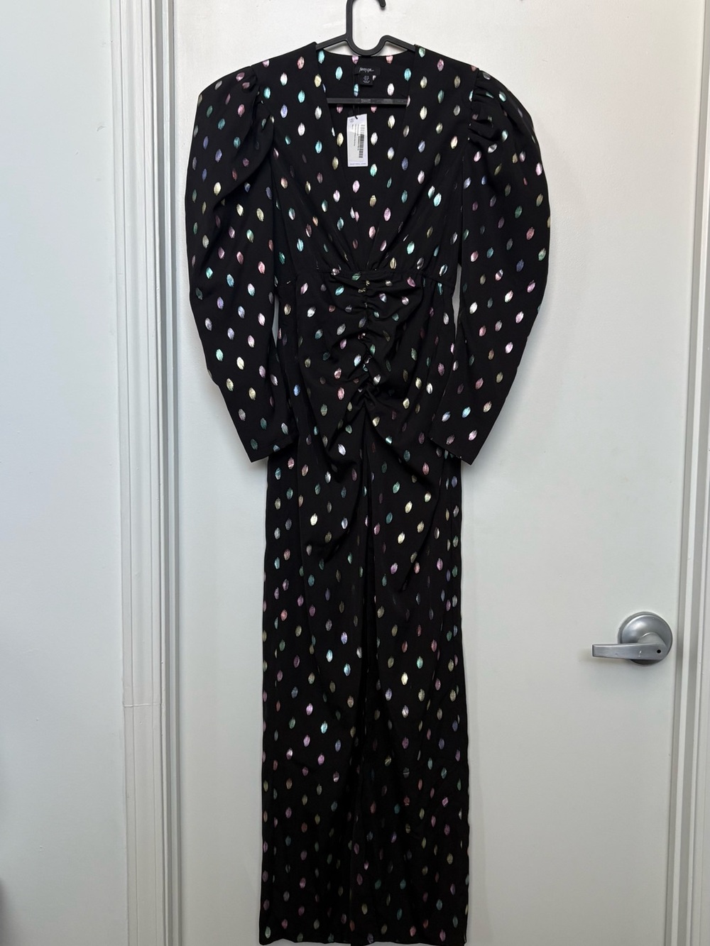 Nasty Gal holographic Black Polka Dot Ruched Maxi Dress with Puff Sleeves